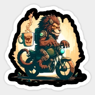 lion monster in ice  riding motorcycle drinking coffee Sticker